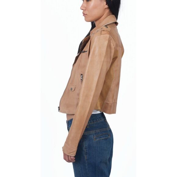 Jakett JKT NYC Womens Piper Patina Leather Jacket, Au Lait Full Zip Motorcycle B - Picture 4 of 11